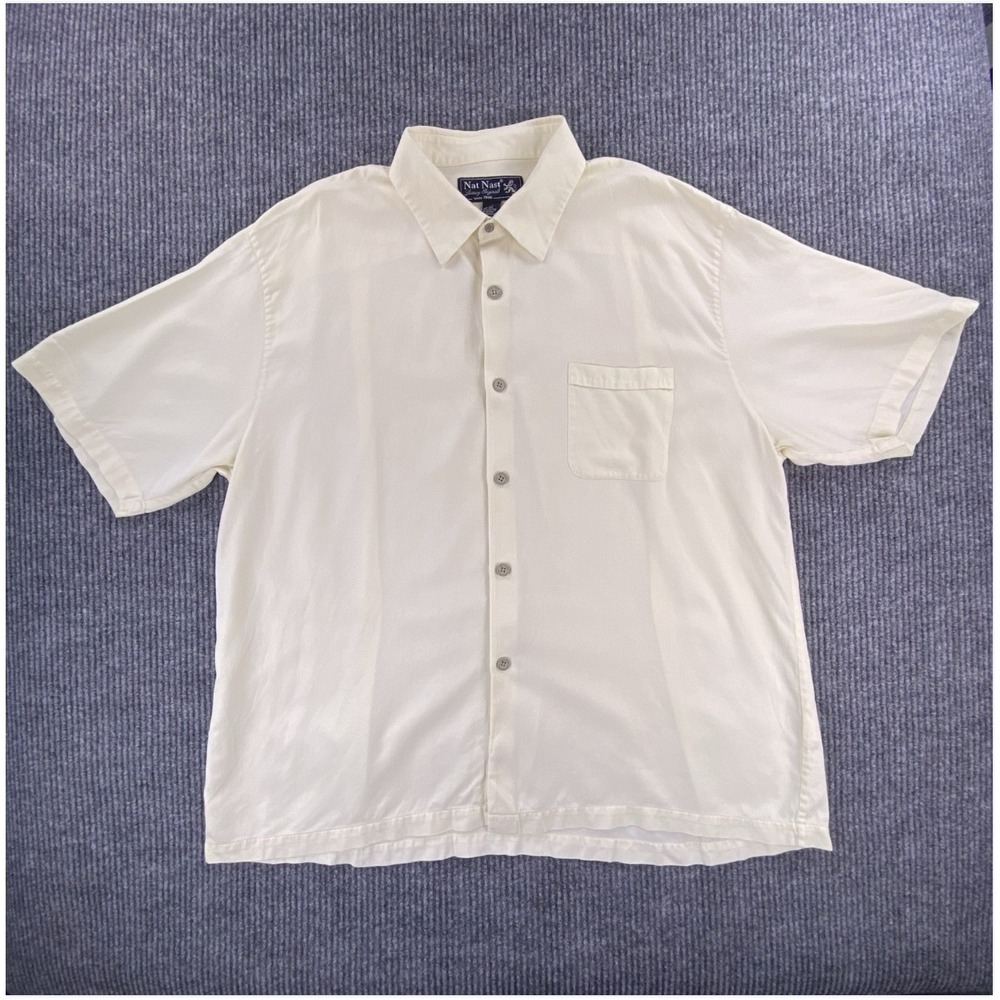 Nat Nast Button Up Shirt Mens XL Cream Silk Cotton Short Sleeve Luxury Casual